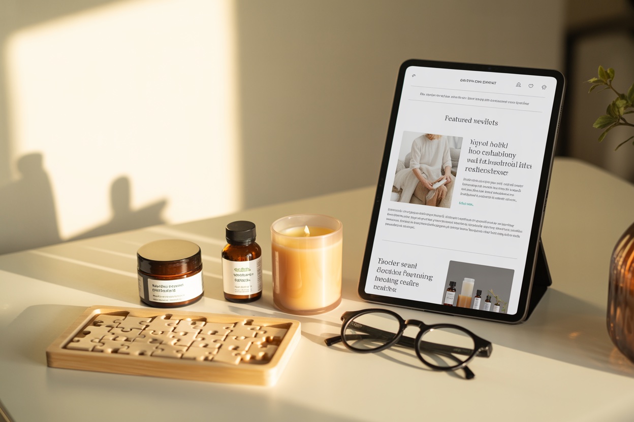 An assortment of consumer products beside a tablet showing a newsletter product feature